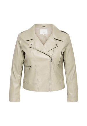 Beige cropped faux leather biker jacket with asymmetrical zipper, wide collar, shoulder epaulets, and zippered side pockets.