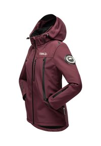 Maroon softshell jacket with hood, black zipper details, front and sleeve pockets, and a mountain logo patch on the upper arm.