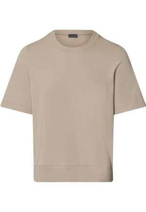 Béžové tričko s krátkým rukávem a kulatým výstřihem, vyrobené z měkké tkaniny, s rovnými linemi a žebrovaným lemem.