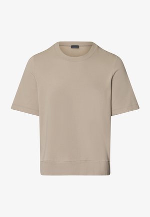 Beige lyhythihainen t-paita, jossa on pyöreä kaula-aukko, valmistettu pehmeästä kankaasta, suoralla leikkauksella ja ribbaushelma yksityiskohtana.