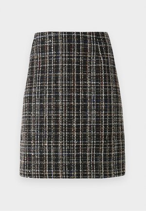 Mustardhall mini seelik musta ruudulise mustriga, millel on tekstuuriga tweed kangas, sisaldades valgeid ja mitmevärvilisi lõngasid. Sirge lõige ja tagasihoidlik serv.