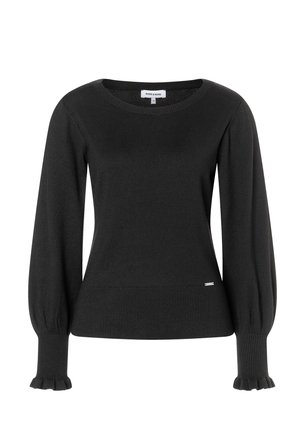 Schwarzer, langärmeliger Strickpullover mit Rundhalsausschnitt, gerippten Bündchen und Saum sowie einem dezenten Markenetikett an der unteren Vorderseite.