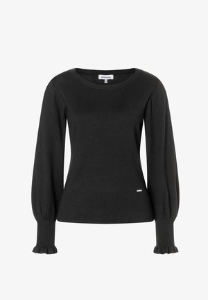 Schwarzer, langärmeliger Strickpullover mit Rundhalsausschnitt, gerippten Bündchen und Saum sowie einem dezenten Markenetikett an der unteren Vorderseite.