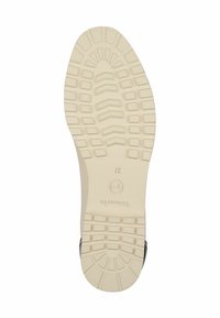 Suola delle scarpe di colore crema con un motivo testurizzato per la trazione; presenta una punta rotonda e un tacco leggero, etichettata con la taglia 37.