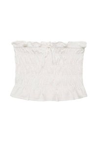 Top bianco off-the-shoulder con texture arricciata, scollatura a volant e dettagli floreali. Orlo svasato che aggiunge volume. Tessuto leggero.