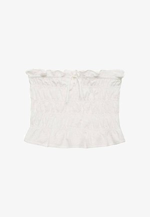 Biele off-the-shoulder tričko s naťahovacou textúrou, volánkovým výstrihom a detailmi kvetinového vzoru. Rozšírený spodný lem pridáva objem. Ľahký materiál.