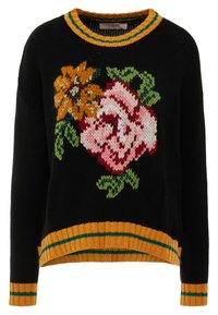 Czarny sweter z dzianiny z kolorową haftowaną florystyką. Posiada okrągły dekolt z żółtymi i zielonymi paskami oraz prążkowanymi mankietami i dołem.