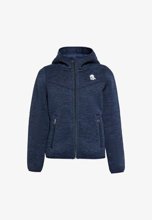 Granatowa kurtka rozpinana z teksturowanym wzorem, posiada kaptur, dwie przednie kieszenie oraz małe logo na piersi.