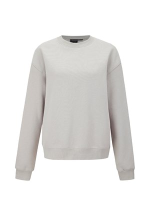 Jasnoszara bluza z miękkiego materiału, z okrągłym dekoltem, długimi rękawami oraz ściągaczami na mankietach i dole. Brak widocznych wzorów.