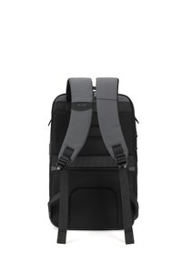 Zaino nero con spallacci imbottiti grigi, pannelli in rete e fibbie regolabili. Presenta un design strutturato con un ampio comparto con cerniera.