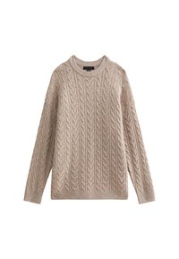Suéter de punto beige con diseño de trenzas, cuello redondo y mangas largas. Tejido texturizado con puños y dobladillo acanalados.
