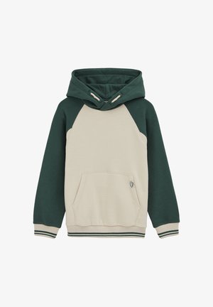 Grüner und beiger Kapuzenpullover mit Kängurutasche, gerippten Bündchen und Saum, mit kontrastierenden Ärmeln und Kapuzenband.