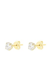 Boucles d'oreilles en plaqué or avec des gemmes rondes et transparentes, montées sur une tige à quatre griffes, et des accents en forme de volutes décoratifs sur l'arrière.