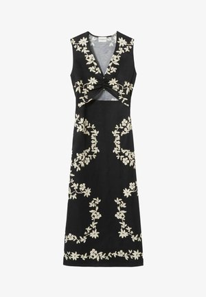 Vestido negro sin mangas con escote en V profundo, con bordado floral blanco, diseño con recortes en la cintura y silueta recta.