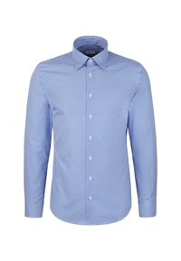 Niebieska koszula na guziki z małym białym geometrycznym wzorem, długimi rękawami, standardowym kołnierzykiem i gładkim bawełnianym wykończeniem.