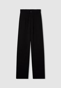 Pantaloni neri a gamba larga con una texture liscia, dotati di chiusura a bottone e vita elastica per comfort e facilità d'uso.