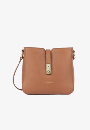 Brown leather Lancaster Paris crossbody bag with gold clasp and adjustable shoulder strap on white background.