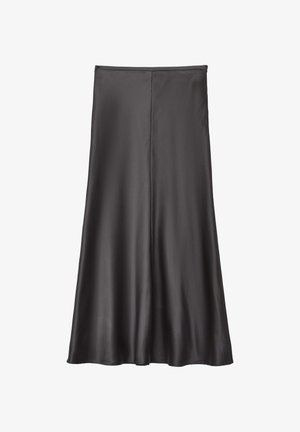 Satin schwarze Rock mit fließendem A-Linien-Design, nahtlosem Taillenbund und glatter Textur, abgeschlossen mit einem knielangen Saum.