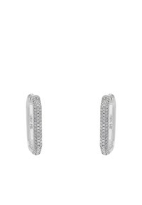 Orecchini a cerchio in argento con una fila di piccoli cristalli trasparenti incastonati lungo il bordo esterno, che offrono un aspetto elegante e raffinato.