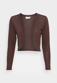 Brązowy, długi rękaw, krótkie sweter bolero z dzianiny z otwartym przodem i subtelnymi detalami błyszczącymi na białym tle.