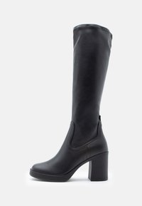 Knee-high black boots made of smooth synthetic material, featuring a chunky block heel and subtle stitching detail on the sides.