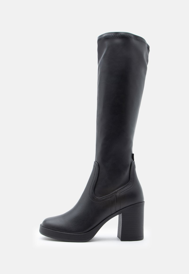 Knee-high black boots made of smooth synthetic material, featuring a chunky block heel and subtle stitching detail on the sides.