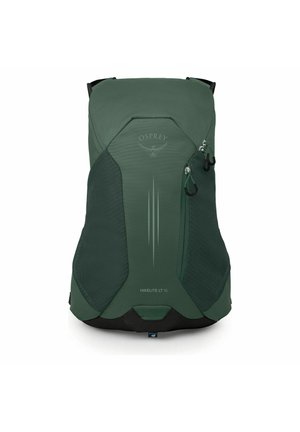 Mochila de senderismo Osprey Hikelite LT 16 en verde oscuro con bolsillos laterales de malla y compartimento frontal con cremallera.
