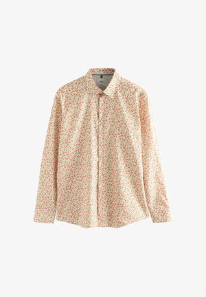 Long-sleeved shirt in light orange with a floral pattern featuring green and pink accents, made from smooth fabric, button-down collar.