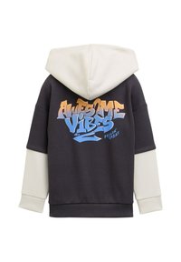 Felpa nera e crema con grafica "AWESOME VIBES" in arancione e blu. Presenta un cappuccio a doppio strato e polsini a coste.