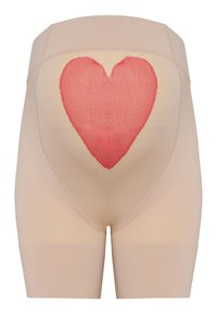 Pantaloncini modellanti beige con un motivo a cuori rossi textured sulla parte anteriore e bordi senza cuciture, dotati di vita alta e materiale morbido.