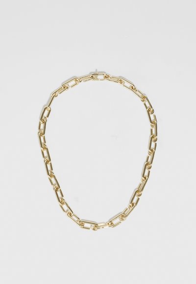 Gold-toned necklace featuring interlocking elongated and oval chain links, smooth surface texture, and subtle shine.