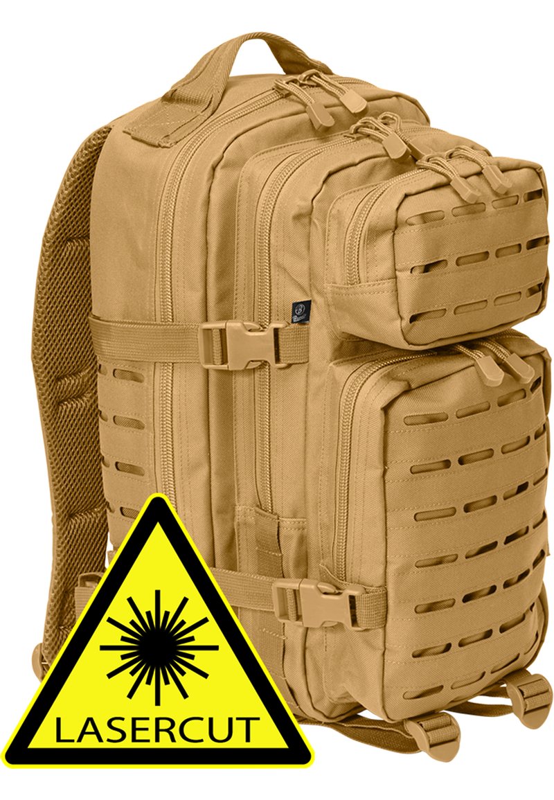 Tan tactical backpack made of durable fabric. Features multiple zippered compartments, a laser-cut design, and adjustable straps for comfort.