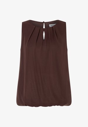 Ärmellose braune Bluse mit kleinem Schlitz am Ausschnitt und Falten rund um den Kragen, aus leichtem Stoff gefertigt.