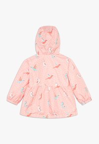Světle růžová nepromokavá bunda s vzorovanými ptáky a puntíky, s kapucí, elastickými manžetami a rozšířeným pasem.