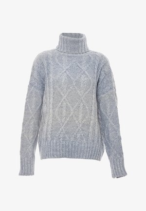 Maglione lavorato a maglia di colore azzurro chiaro con colletto alto a dolcevita, decorato con un motivo a diamante e una trama a trecce, e polsini e orlo a coste.