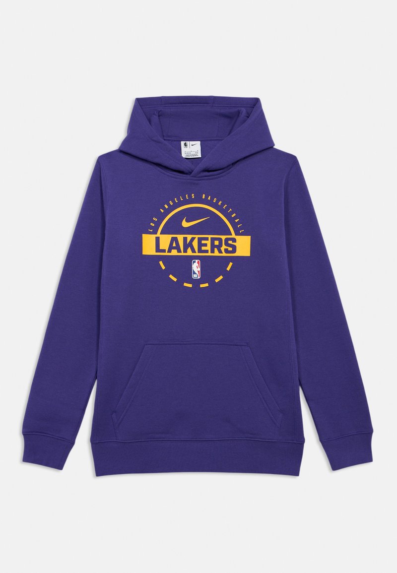 Felpa con cappuccio viola realizzata in tessuto morbido. Presenta una tasca frontale e una grafica con "LAKERS" e il logo Nike in giallo e bianco.