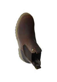 Stivale alla caviglia in pelle marrone con lati elastici, tomaia testurizzata, punta rotonda e suola in gomma testurizzata. Presenta una linguetta sul tallone.