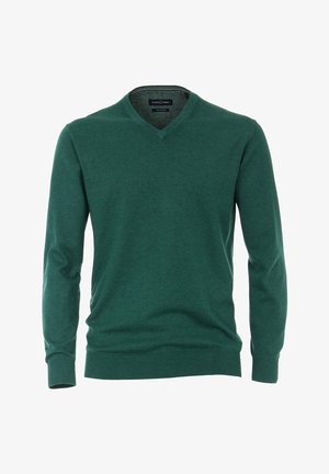 Zielony sweter z dekoltem w serek wykonany z miękkiej tkaniny, z długimi rękawami oraz ściągaczami na mankietach i u dołu. Prosty fason bez wzorów czy zdobień.