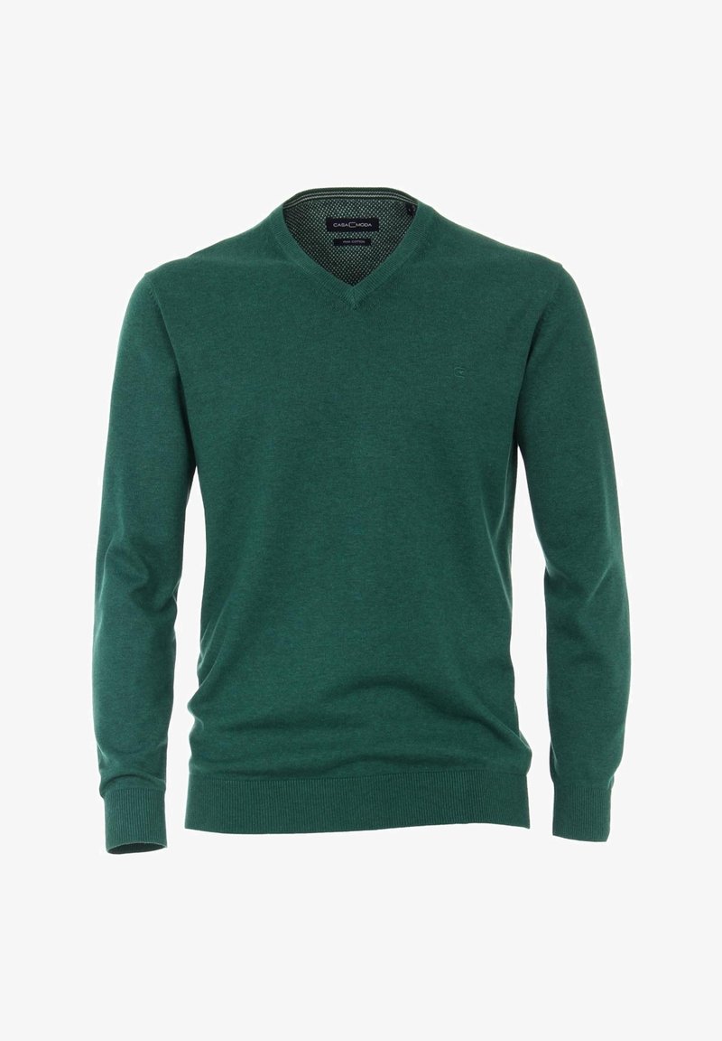Zelený svetřík s výstřihem do V z měkké látky, s dlouhými rukávy a žebrovanými manžetami a lemem. Jednoduchý design bez vzorů či zdobení.