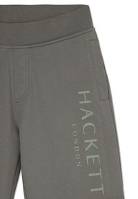 Jogging en coton gris avec une large ceinture élastique, des poches latérales et un grand logo imprimé en vert clair sur la jambe gauche.