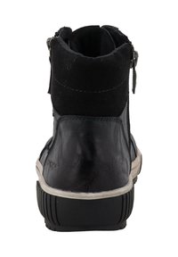 Sorte ankelboots laget av lær og velour, med glidelås bak, polstret krage og teksturert gummisåle.
