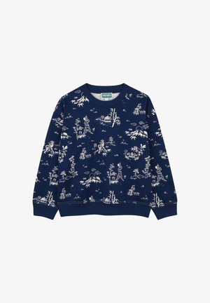 Sweat-shirt bleu marine avec impression de paysage blanc, représentant des montagnes, des nuages et du bambou. Col rond et poignets côtelés aux manches et à l'ourlet.