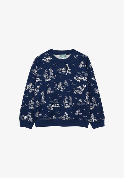 Sweat-shirt bleu marine avec impression de paysage blanc, représentant des montagnes, des nuages et du bambou. Col rond et poignets côtelés aux manches et à l'ourlet.