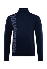 Marineblaue Zip-Jacke aus weichem Stoff mit hohem Kragen, geripptem Kragen und großem grauen "Rossignol"-Logo an der linken Seite.