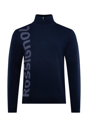 Marineblå lynlåstrøje lavet af blødt stof med høj hals, ribbet krave og et stort gråt "Rossignol" logo langs venstre side.