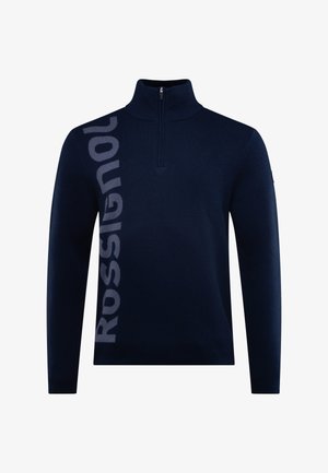Granatowy sweter z zamkiem, wykonany z miękkiego materiału, z wysokim kołnierzem, prążkowanym kołnierzykiem i dużym szarym logo "Rossignol" po lewej stronie.
