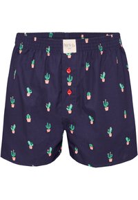 Tmavě modré boxery se vzorem kaktusu a květináče, s červenými knoflíky vpředu a elastickým pasem. Bavlněný materiál.