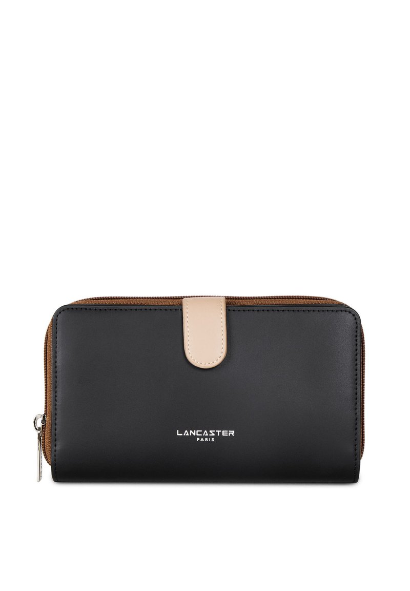 Portefeuille en cuir noir avec une fermeture beige et une fermeture éclair marron. Présente un logo à l'avant et une finition lisse et texturée.