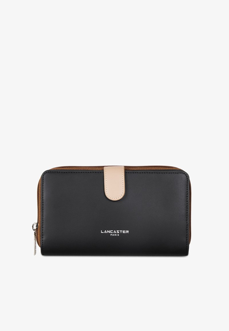 Portefeuille en cuir noir avec une fermeture beige et une fermeture éclair marron. Présente un logo à l'avant et une finition lisse et texturée.