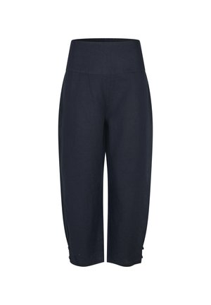 Spodnie o wysokim stanie, luźnym kroju w kolorze granatowym, krótkie z guzikami przy krawędzi, prezentowane na białym tle.